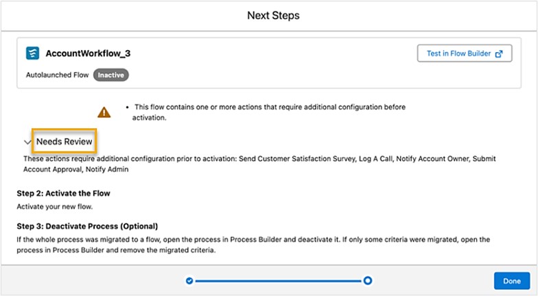 Some converted processes require additional configuration, click Needs Review for details.