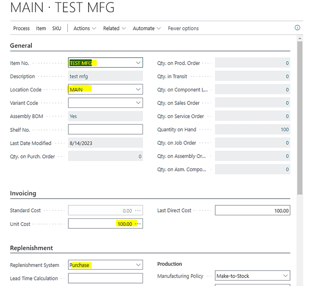 Business Central Main Test MFG