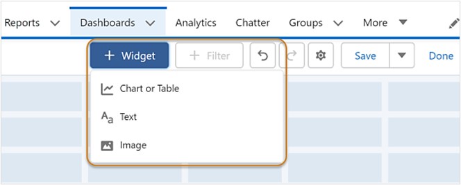 Click the add Widget button under the Dashboard tab.