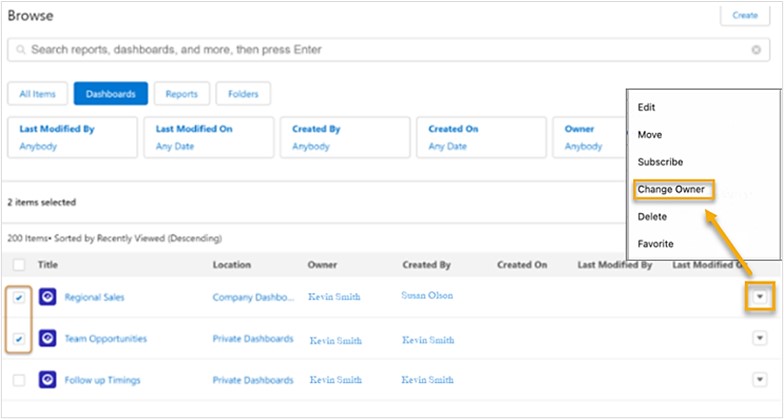 Click the dropdown arrow to Change Owner of Lightning dashboard.