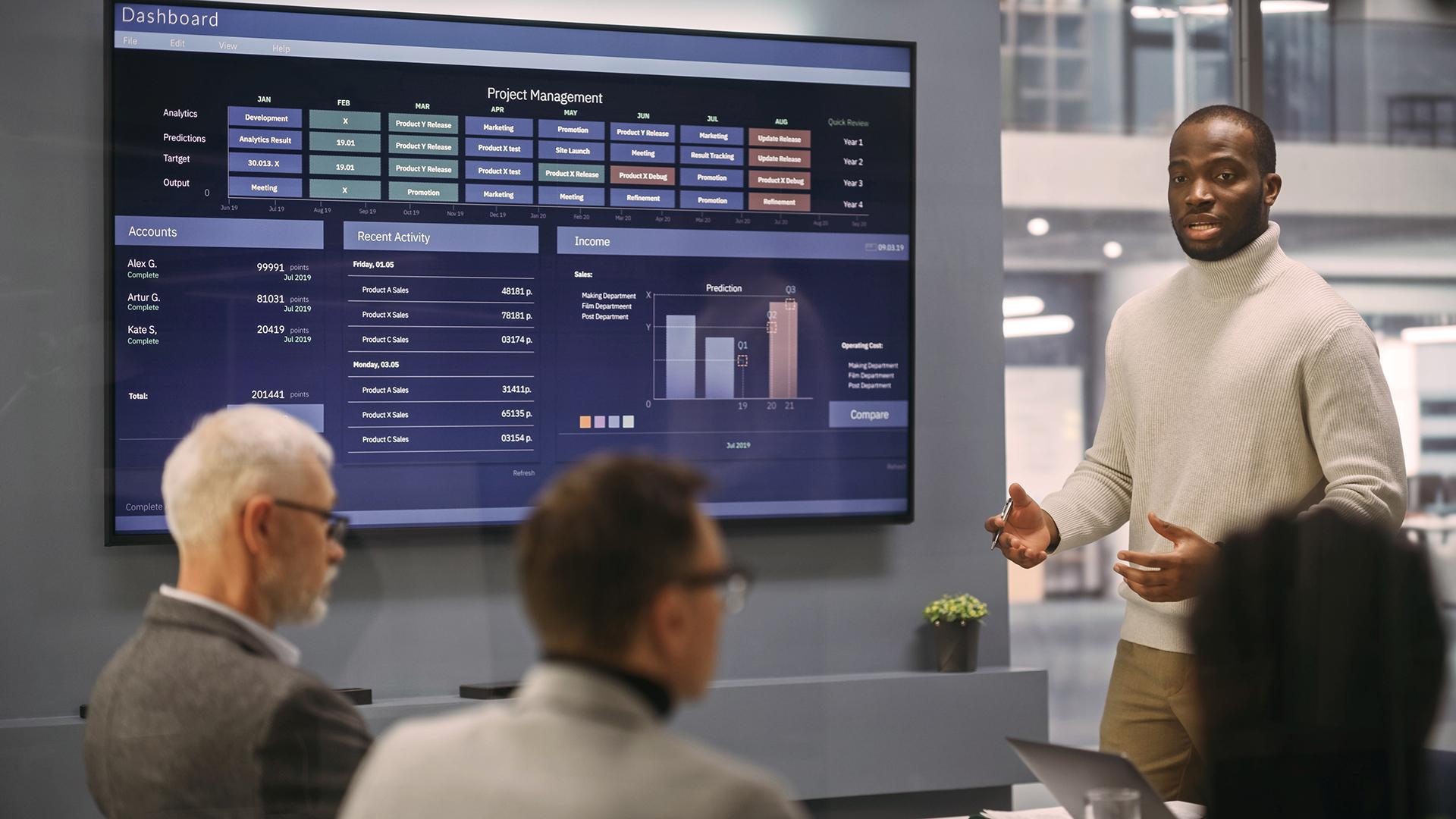 Diverse Modern Office: Portrait of Successful Black Businessman Leads Meeting, talks about Company Growth
