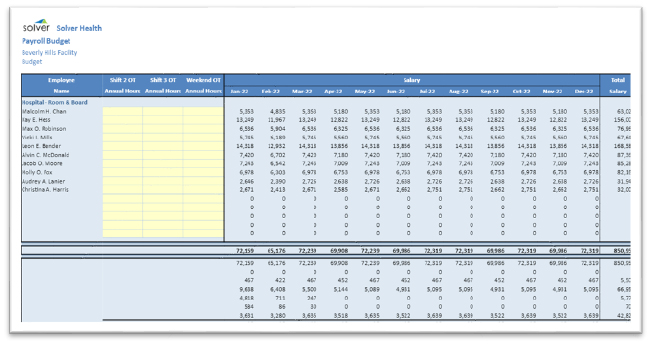 Another budget sheet for Solver Health Care. This includes employees' salaries.